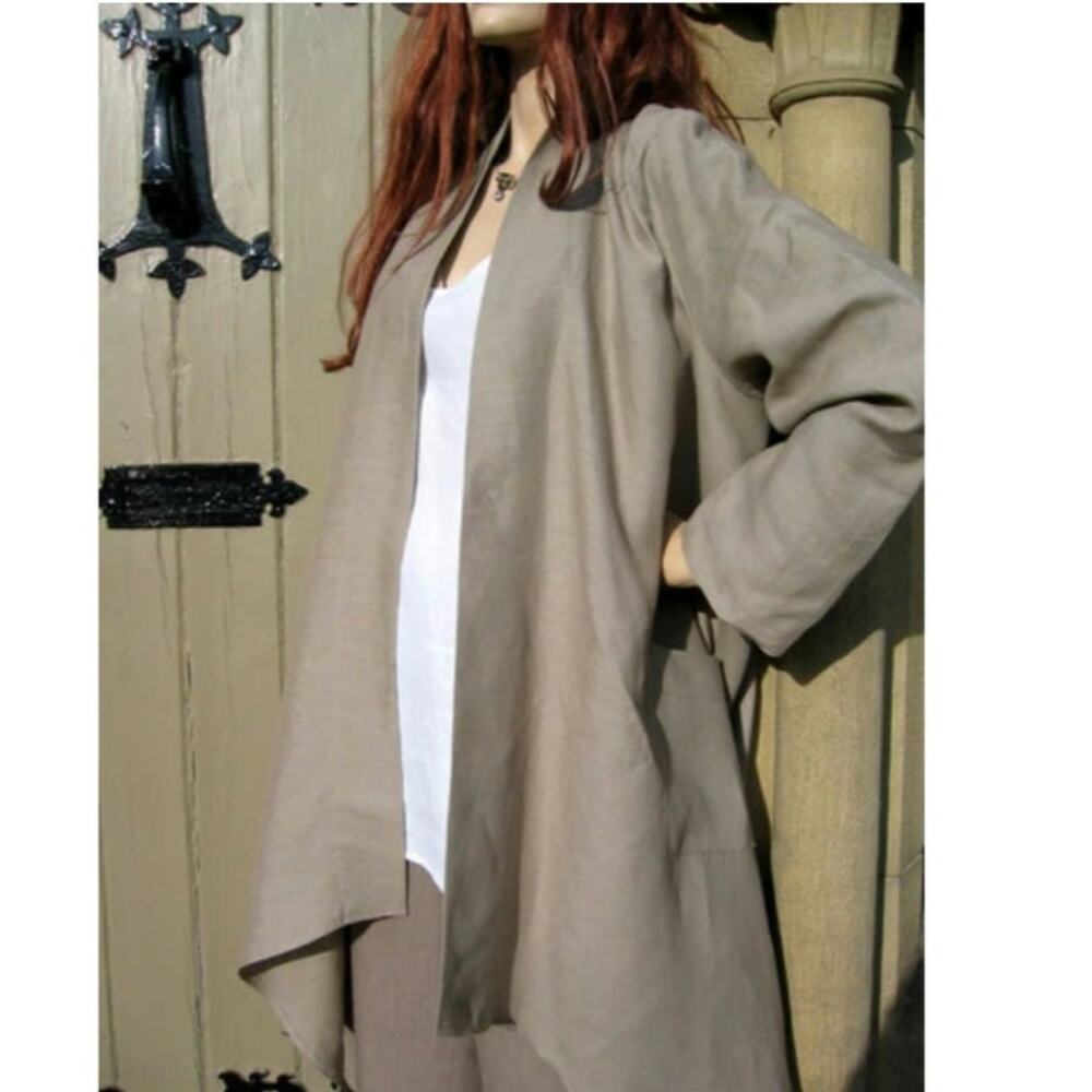 Linen Eva Tralala Tan One Size Open Layering Jacket Asymetrical Hem Lagenlook‎